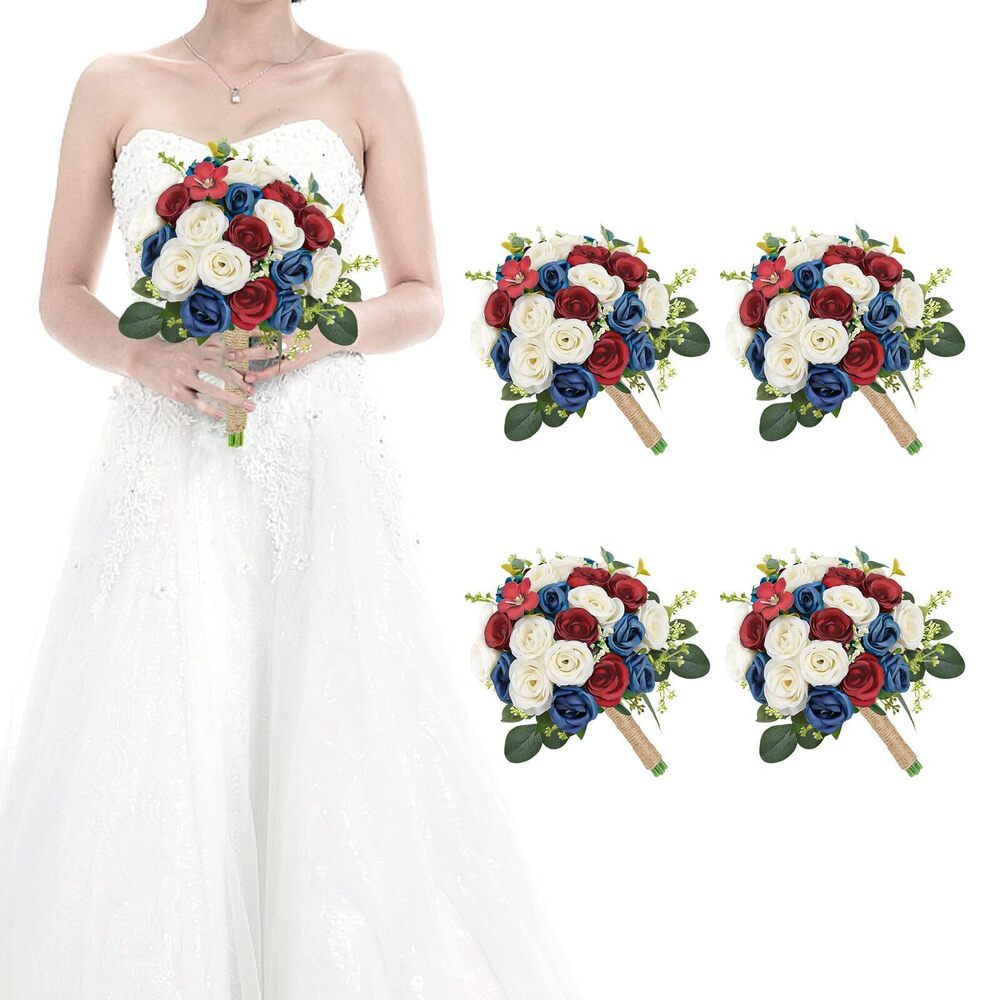 9907 Set of 4 Bridesmaid Bouquets for Wedding - 7 Inch Artificial Ivory